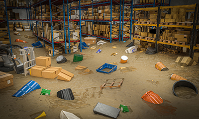 Objects floating in water inside of a warehouse.